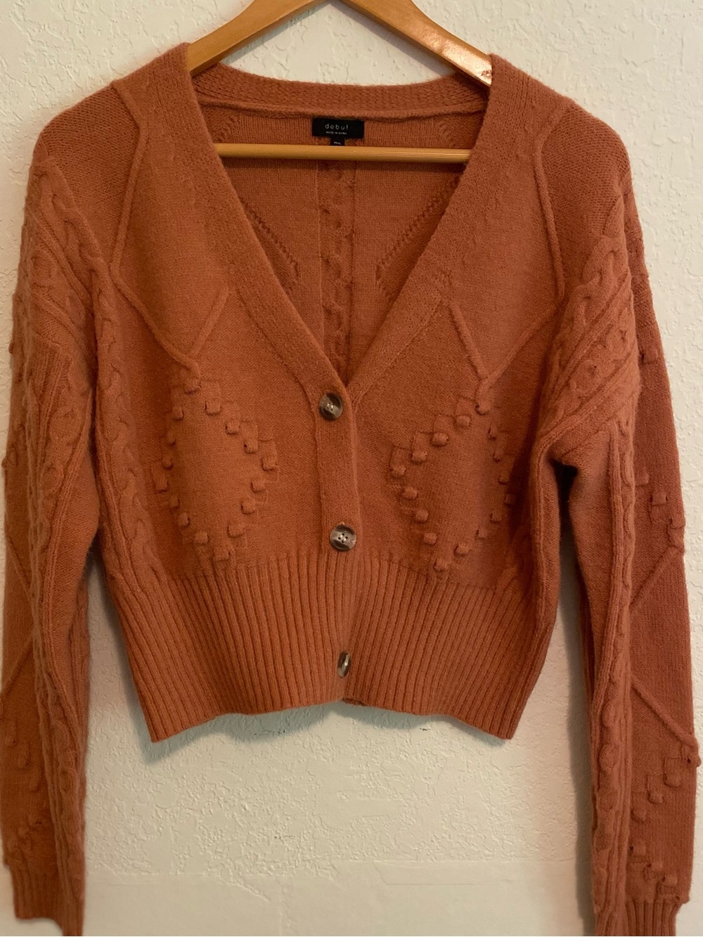 debut Brand Burnt Orange Soft Textured Cropped Cable-Knit Cardigan M/L